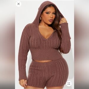 Fashion Nova Trending Mocha Cable Sweater Shorts Lounge Set